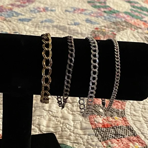 Set of Four EUC 925 Sterling Silver Curb Chain Charm Bracelets - Picture 1 of 15